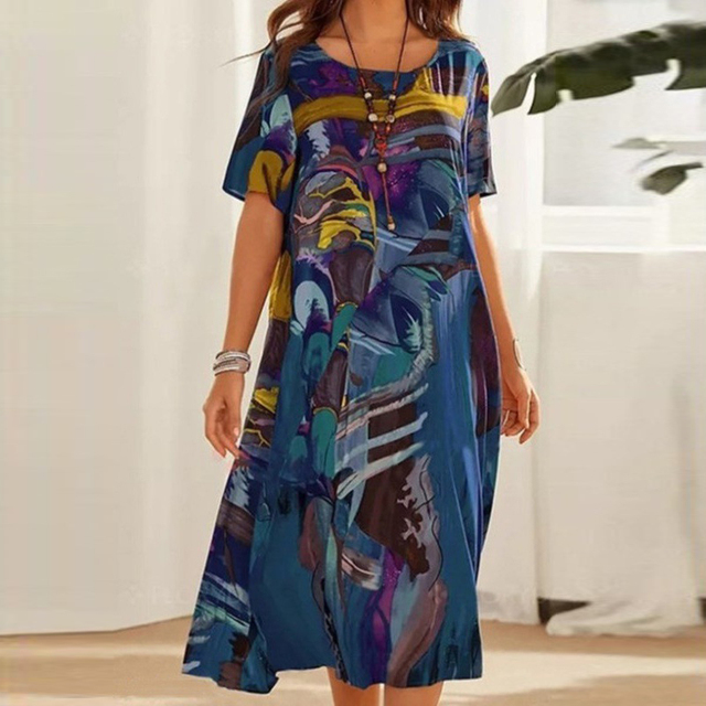 Dina Elegantes Abstraktes Harmonie Midi-Kleid für Damen