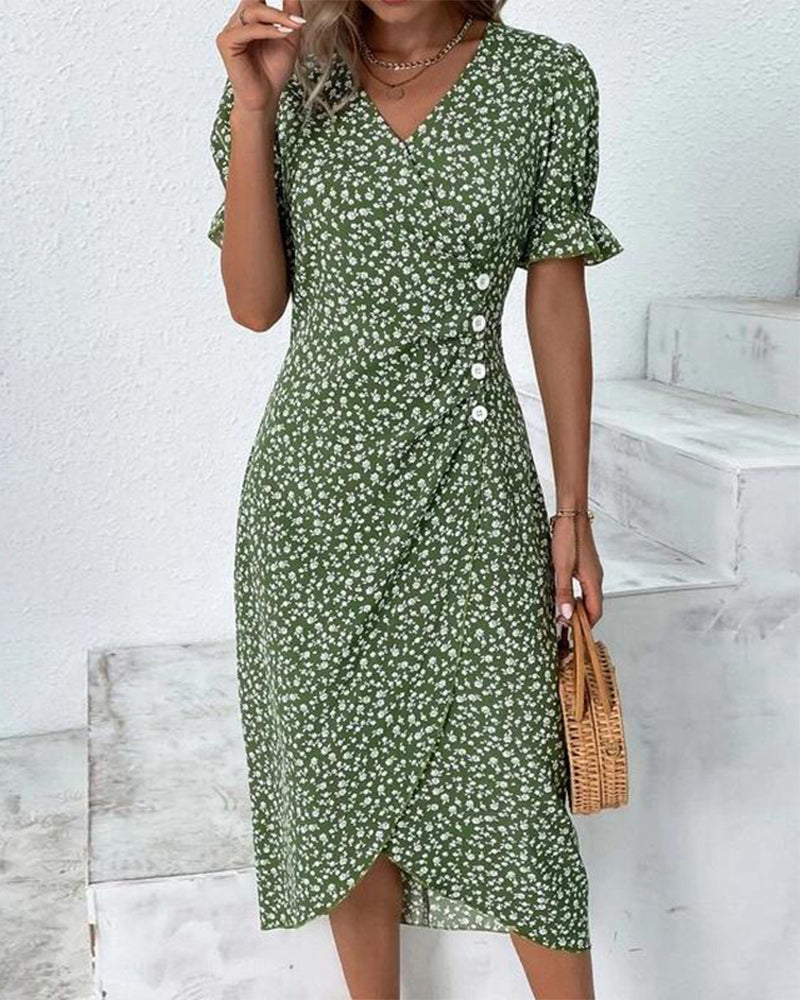 Giselle | Floral V-Ausschnitt Kleid mit langen Ärmeln