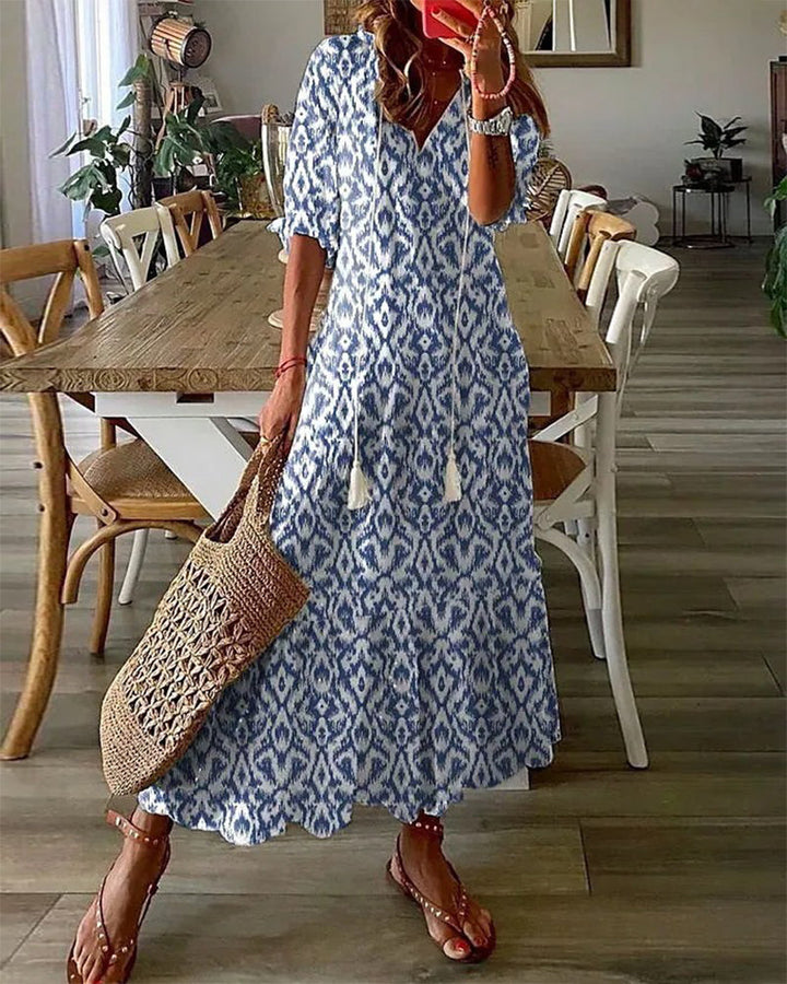 Emily | Boho Bauchbedeckendes Kleid mit V-Ausschnitt und langen Ärmeln