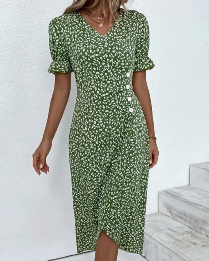 Giselle | Floral V-Ausschnitt Kleid mit langen Ärmeln