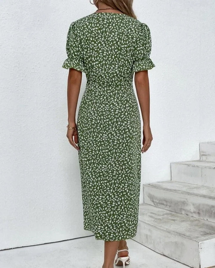 Giselle | Floral V-Ausschnitt Kleid mit langen Ärmeln