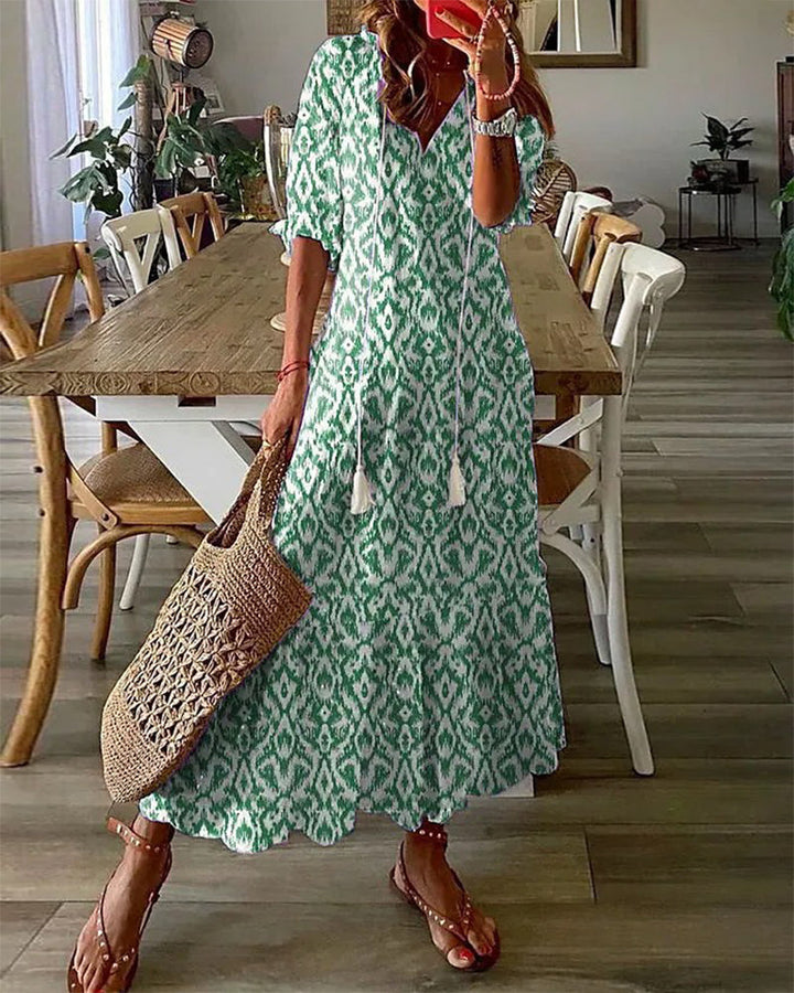 Dianna | Boho Bauchbedeckendes Kleid mit V-Ausschnitt und langen Ärmeln
