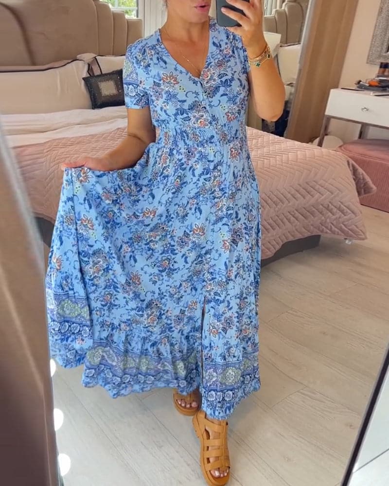 Connie | Floral Maxi Kleid für Damen mit V-Ausschnitt und kurzen Ärmeln