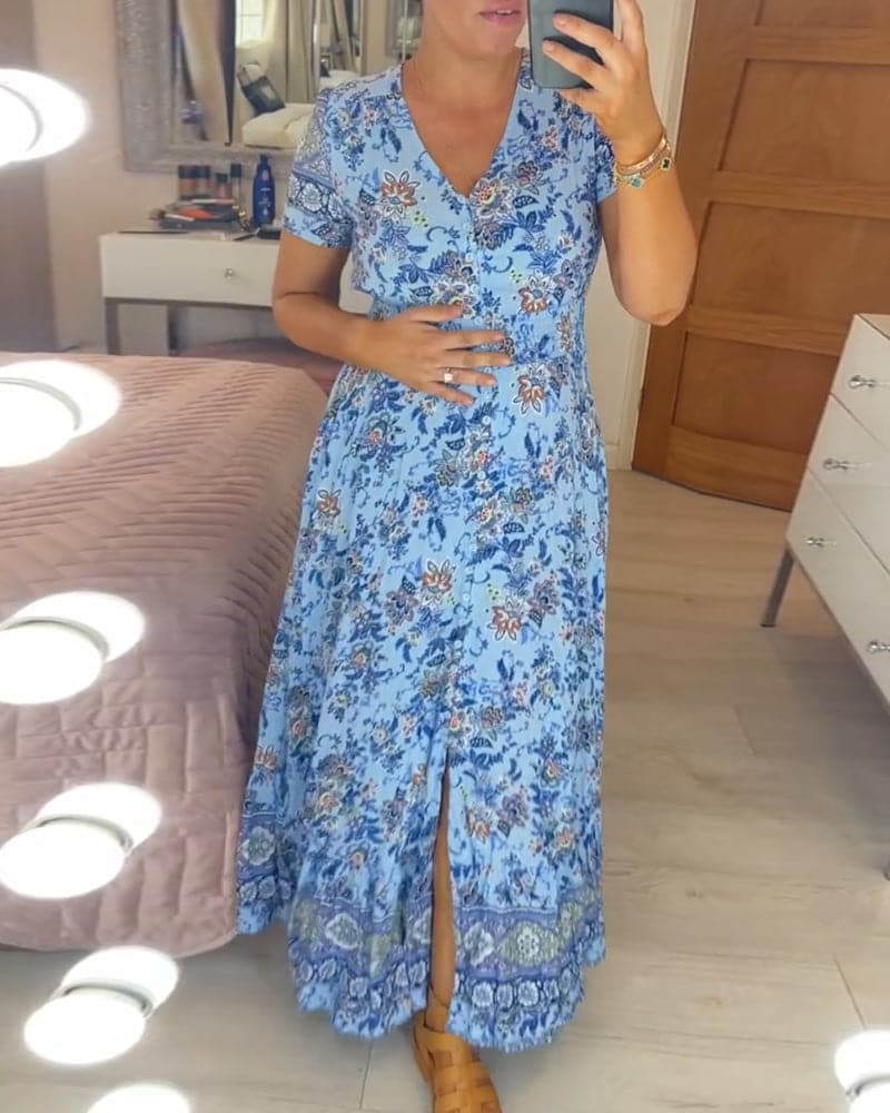 Connie | Floral Maxi Kleid für Damen mit V-Ausschnitt und kurzen Ärmeln