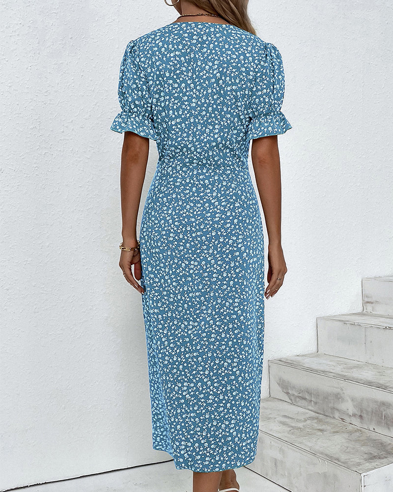 Giselle | Floral V-Ausschnitt Kleid mit langen Ärmeln