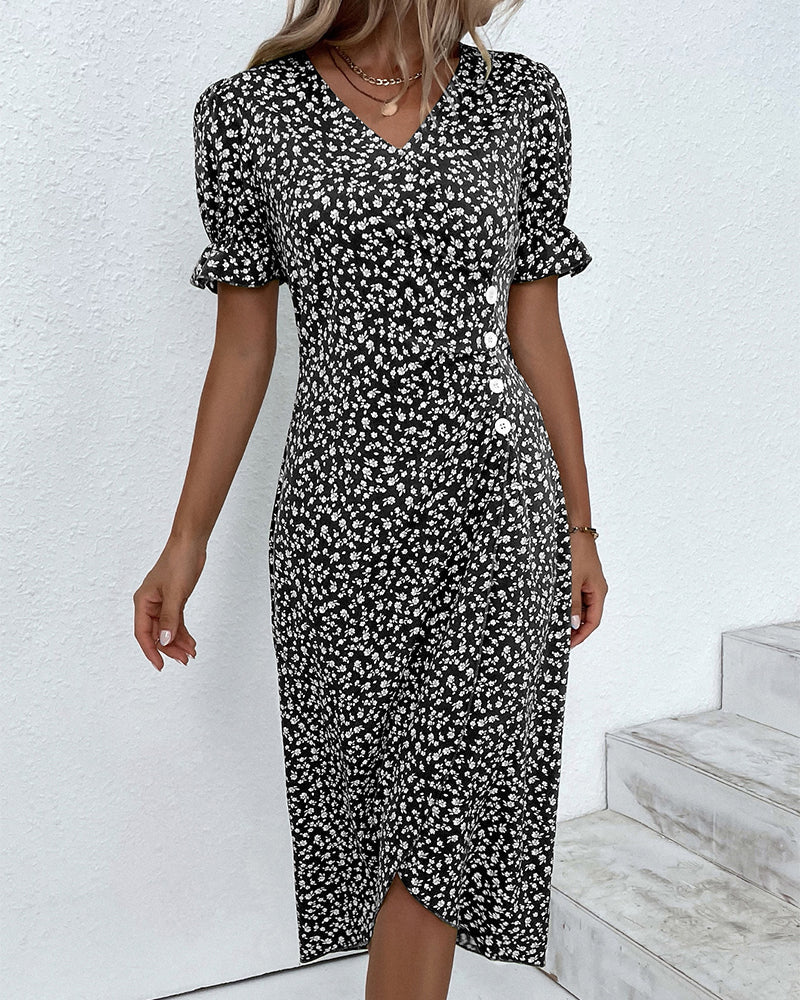 Giselle | Floral V-Ausschnitt Kleid mit langen Ärmeln