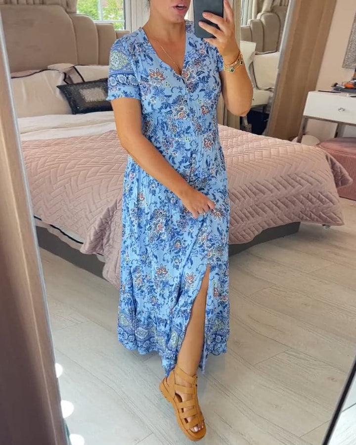 Connie | Floral Maxi Kleid für Damen mit V-Ausschnitt und kurzen Ärmeln
