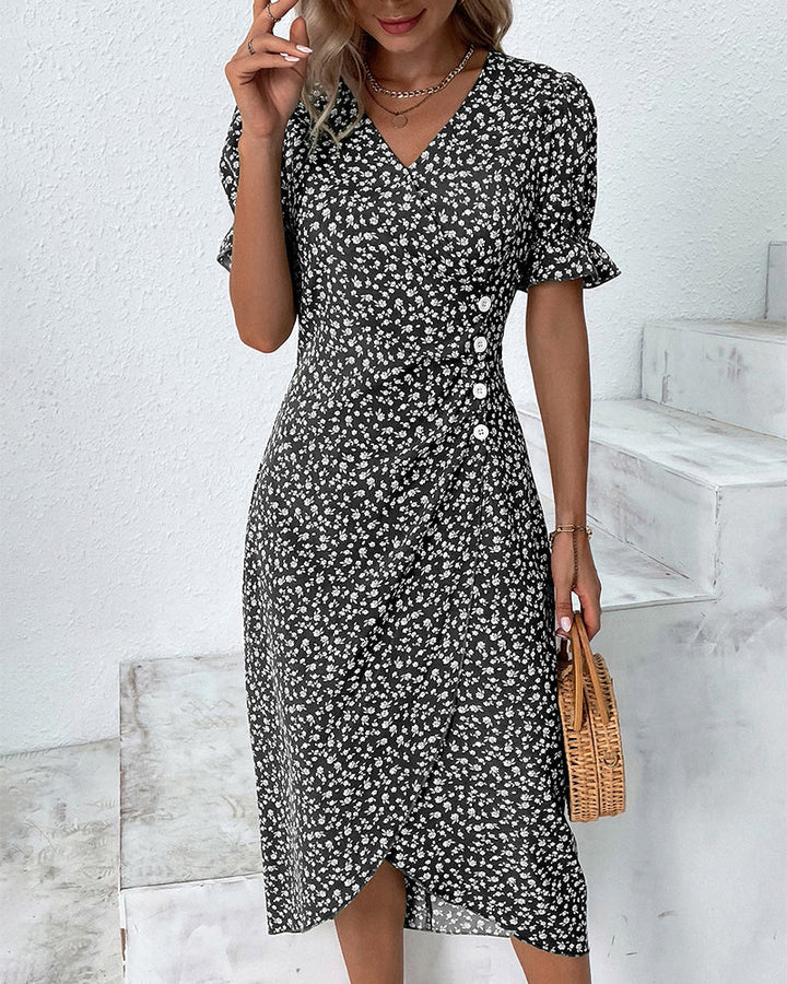 Giselle | Floral V-Ausschnitt Kleid mit langen Ärmeln