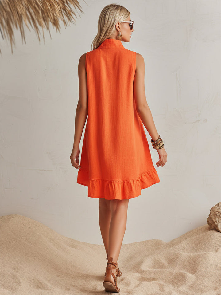 Helles Orange Halb-Reißverschluss Mini-Kleid für Damen mit Rüschensaum und Stehkragen