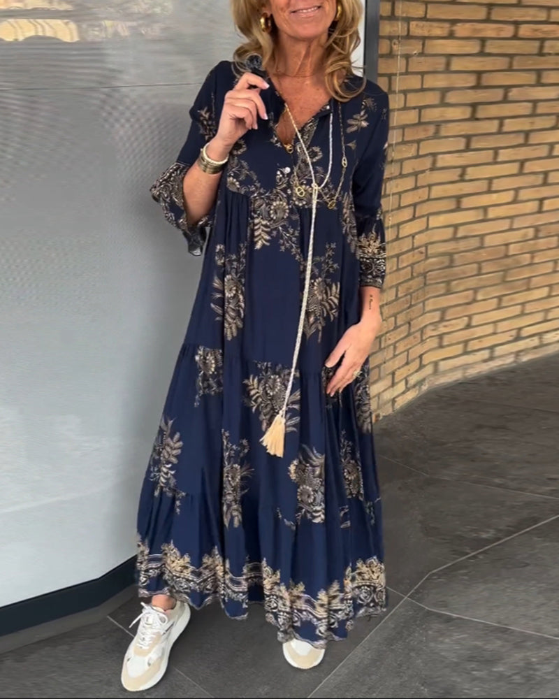 Rose | Vintage Lockerer V-Ausschnitt Midi-Kleid für Damen