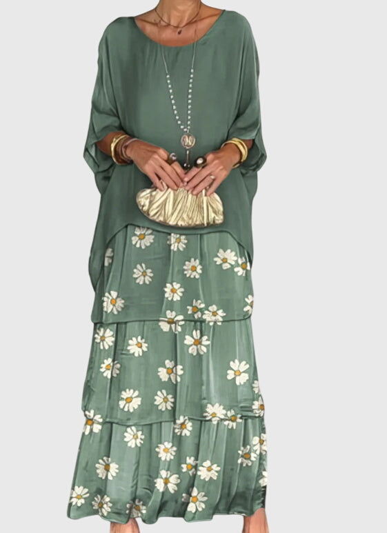 Susan | Schickes Maxikleid für Damen mit Rundhalsausschnitt und 3/4-Ärmeln