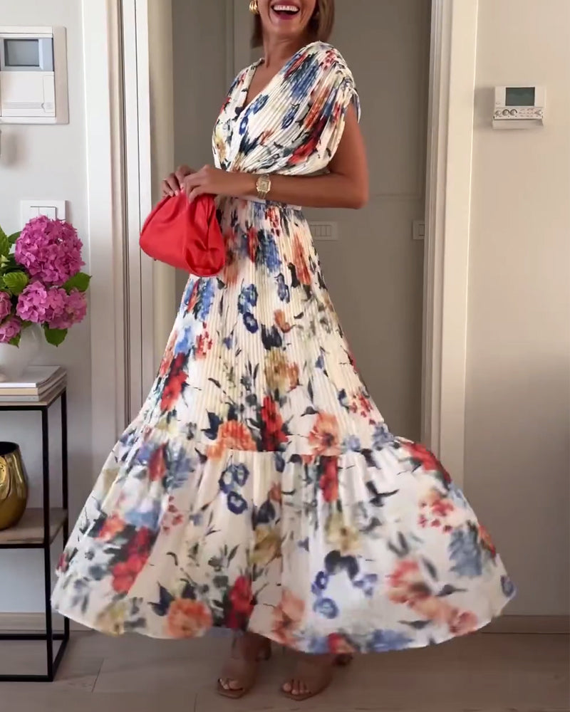 Florelle | Elegantes Blumenkleid für Damen mit V-Ausschnitt und kurzen Ärmeln