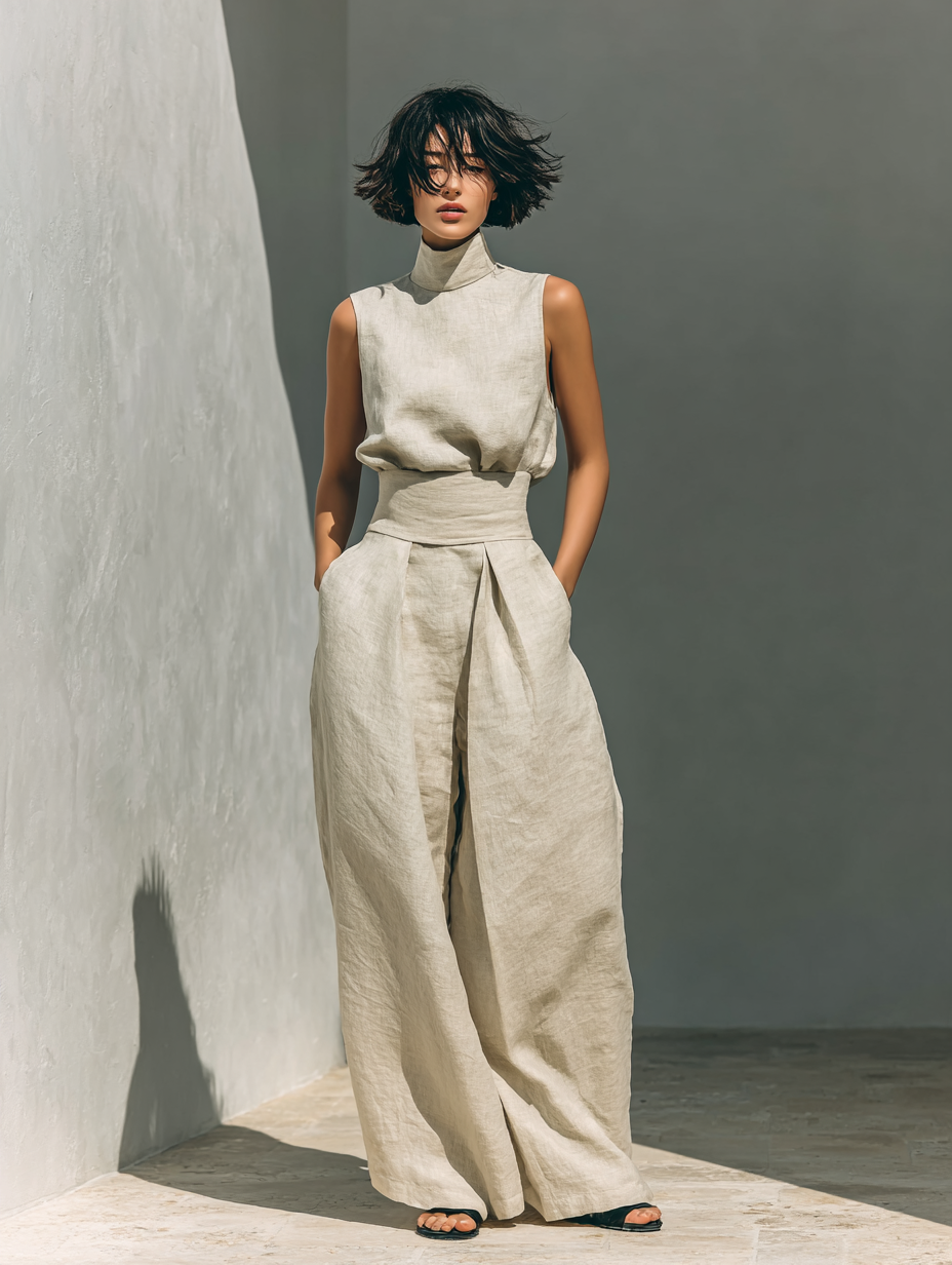Damen Ärmellose Bluse und Weite-Hosen Ensemble mit hohem Bund