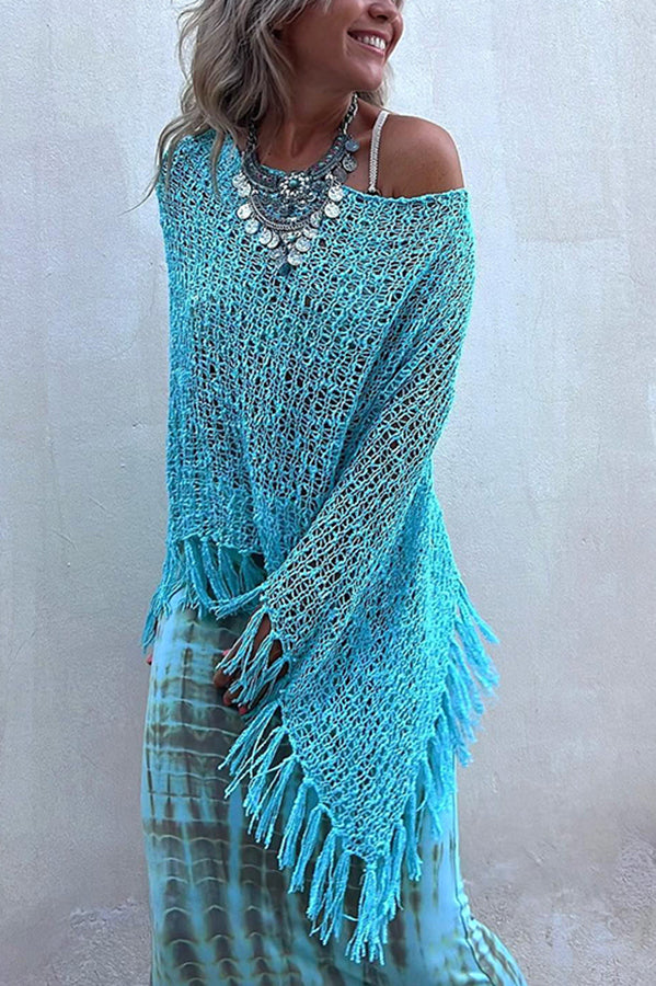 Sonnenuntergangsbrise Quasten Strick Cover-Up für Damen mit Ausschnittdetails