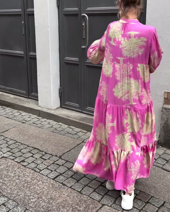 Ophelia | Langes Fließendes Maxikleid für Damen mit V-Ausschnitt und langen Ärmeln