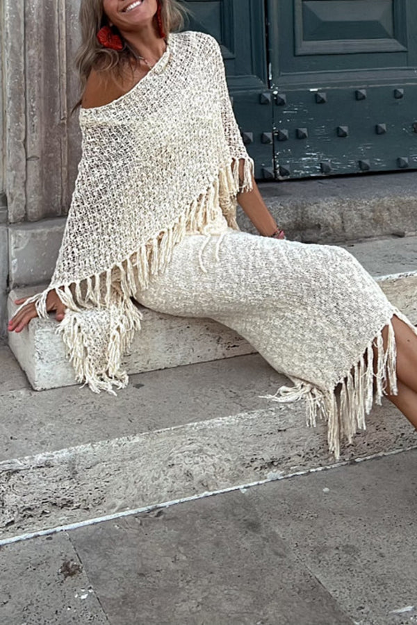 Sonnenuntergangsbrise Quasten Strick Cover-Up für Damen mit Ausschnittdetails