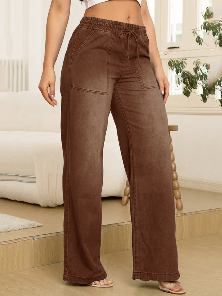 Verstellbare Kordelzug Taille Weite Bein Jeans für Damen