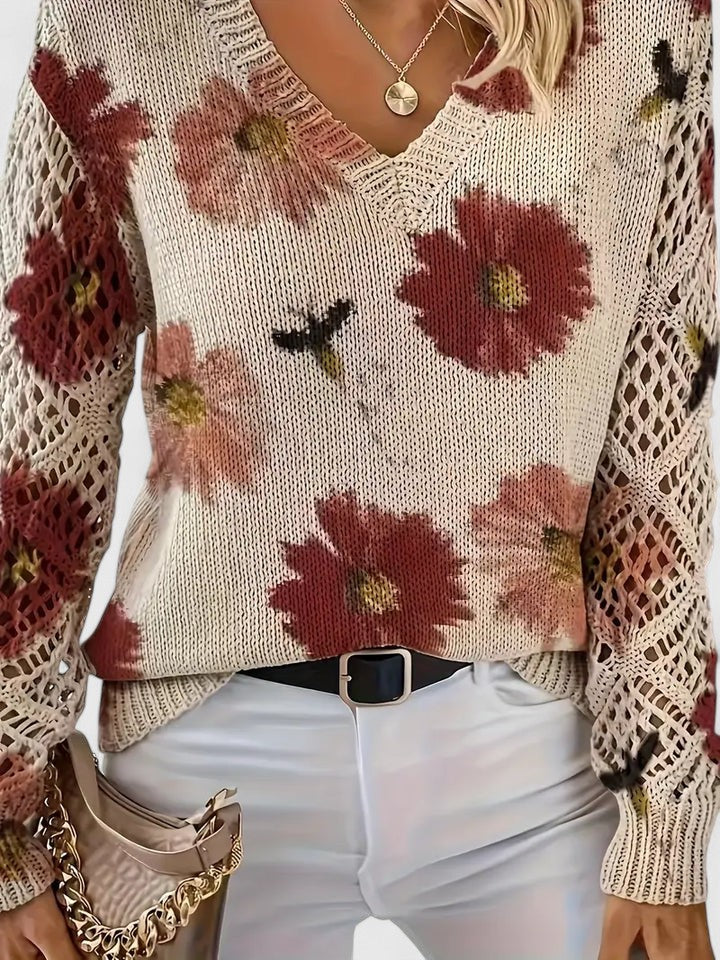 Noelle | Floral Strickpullover für Damen mit V-Ausschnitt und langen Ärmeln