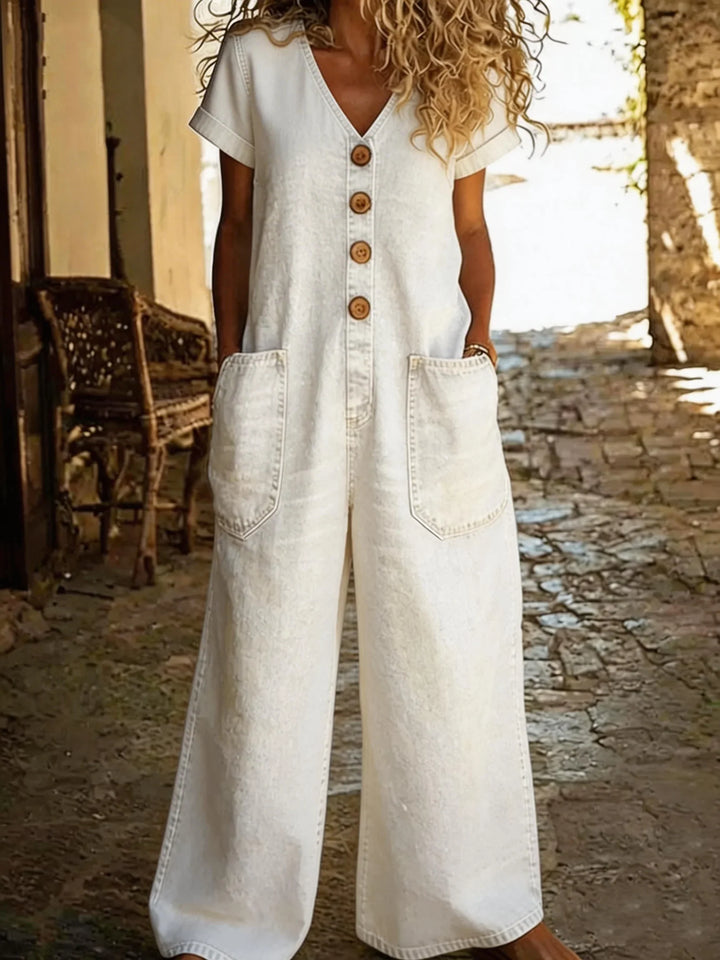 Denise | Denim-Overall für Damen mit V-Ausschnitt und kurzen Ärmeln