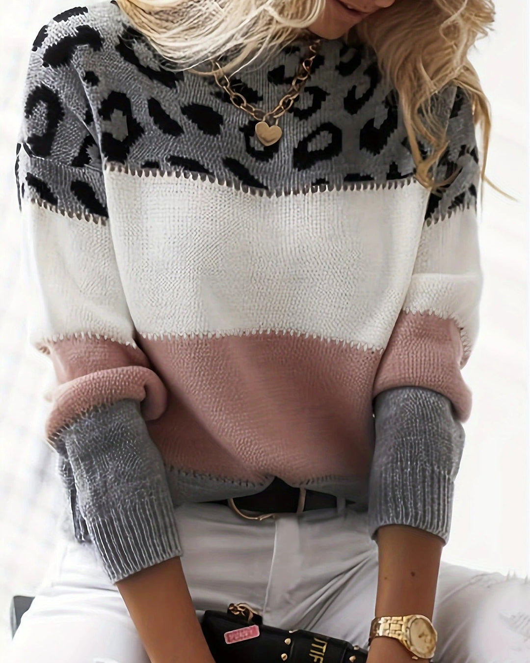Zoe | Farbblock Leopard Pullover für Damen mit Rundhalsausschnitt
