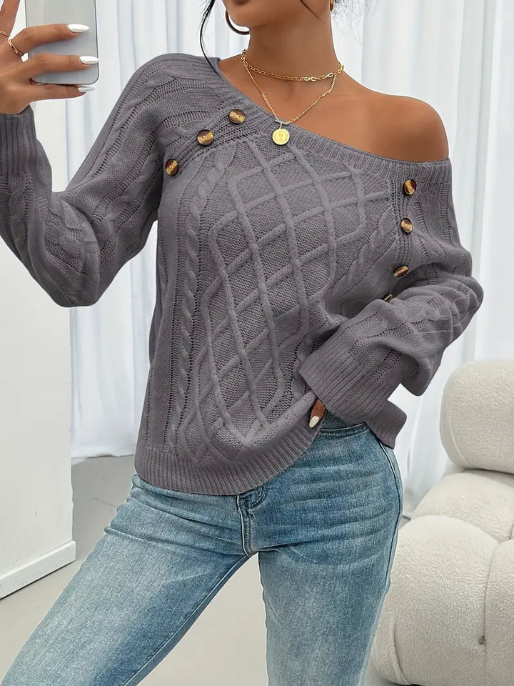 Lina | Langärmeliger Pullover für Damen mit Zopfmuster, Lässiger Pullover mit Rundhalsausschnitt
