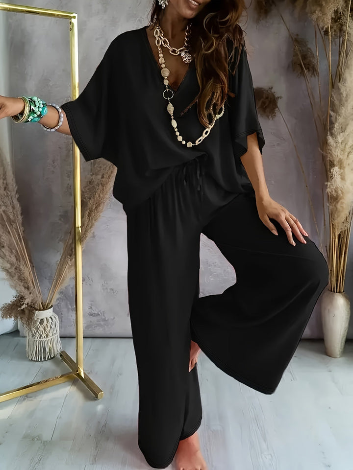 Farah | Stylisches einfarbiges Damen-Zweiteiler-Set mit V-Ausschnitt