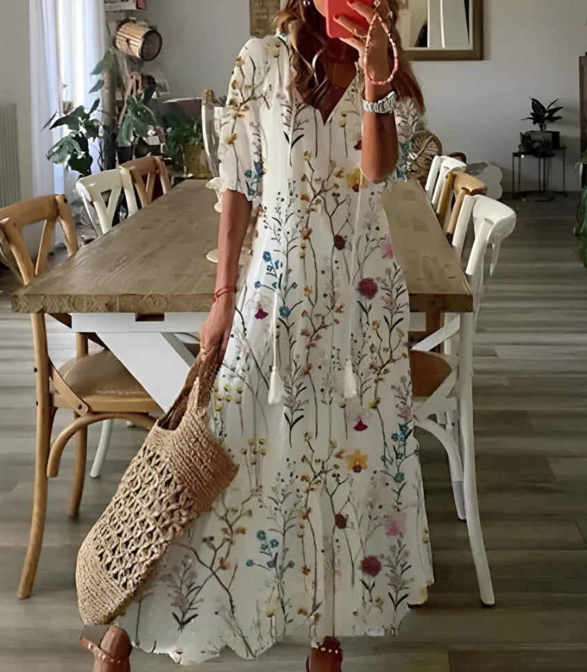 Sophia | Boho Vintage Sommerkleid für Damen mit Blumenmuster und V-Ausschnitt