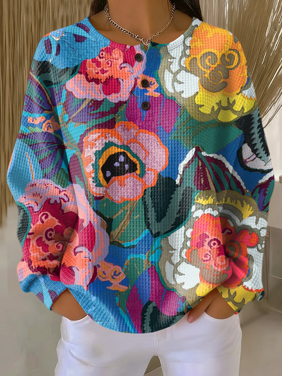 Ida | Pullover für Damen mit großen bunten Blumen und Rundhalsausschnitt