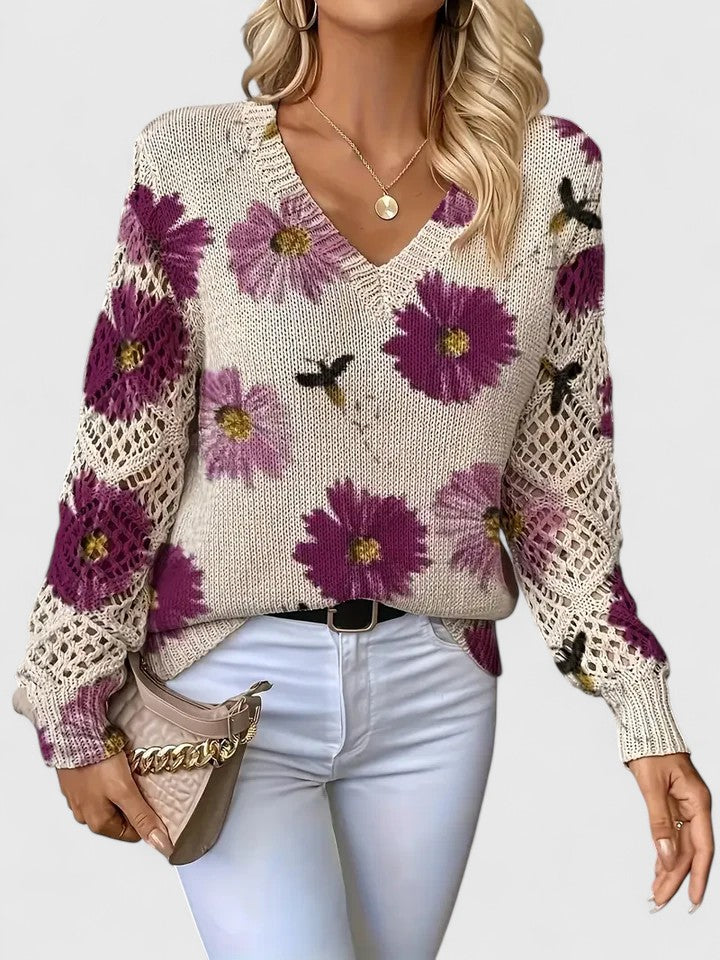 Noelle | Floral Strickpullover für Damen mit V-Ausschnitt und langen Ärmeln