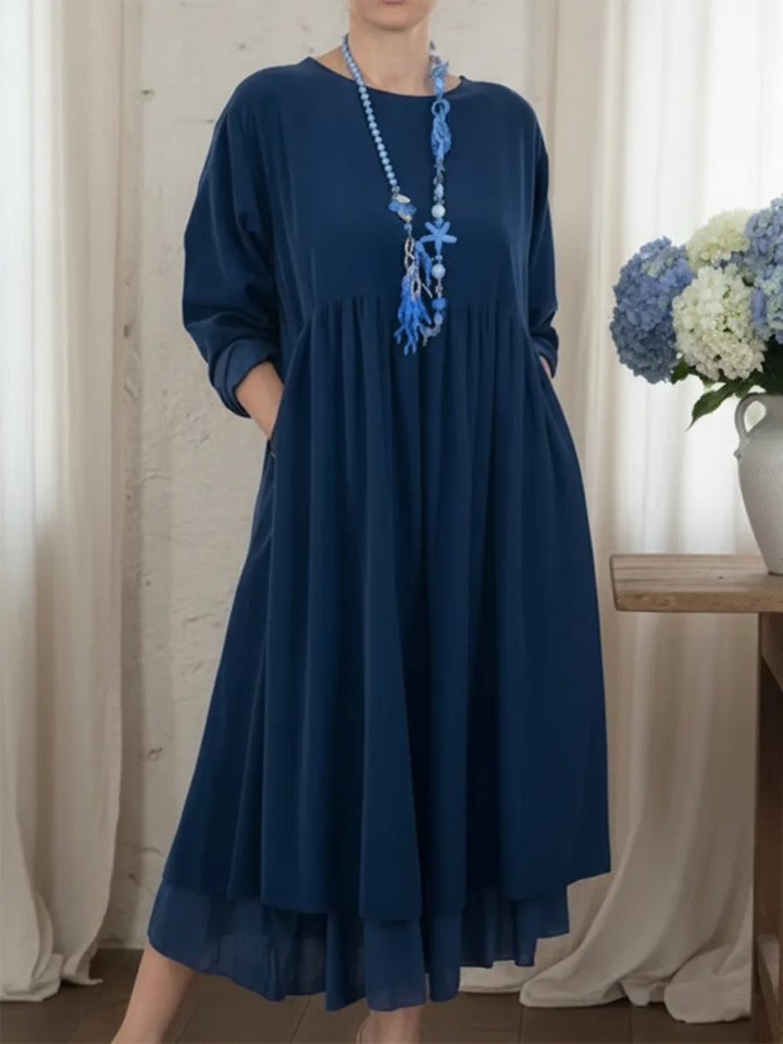 Lässiges Midi-Kleid für Damen mit doppeltem Saumdesign und Rundhalsausschnitt