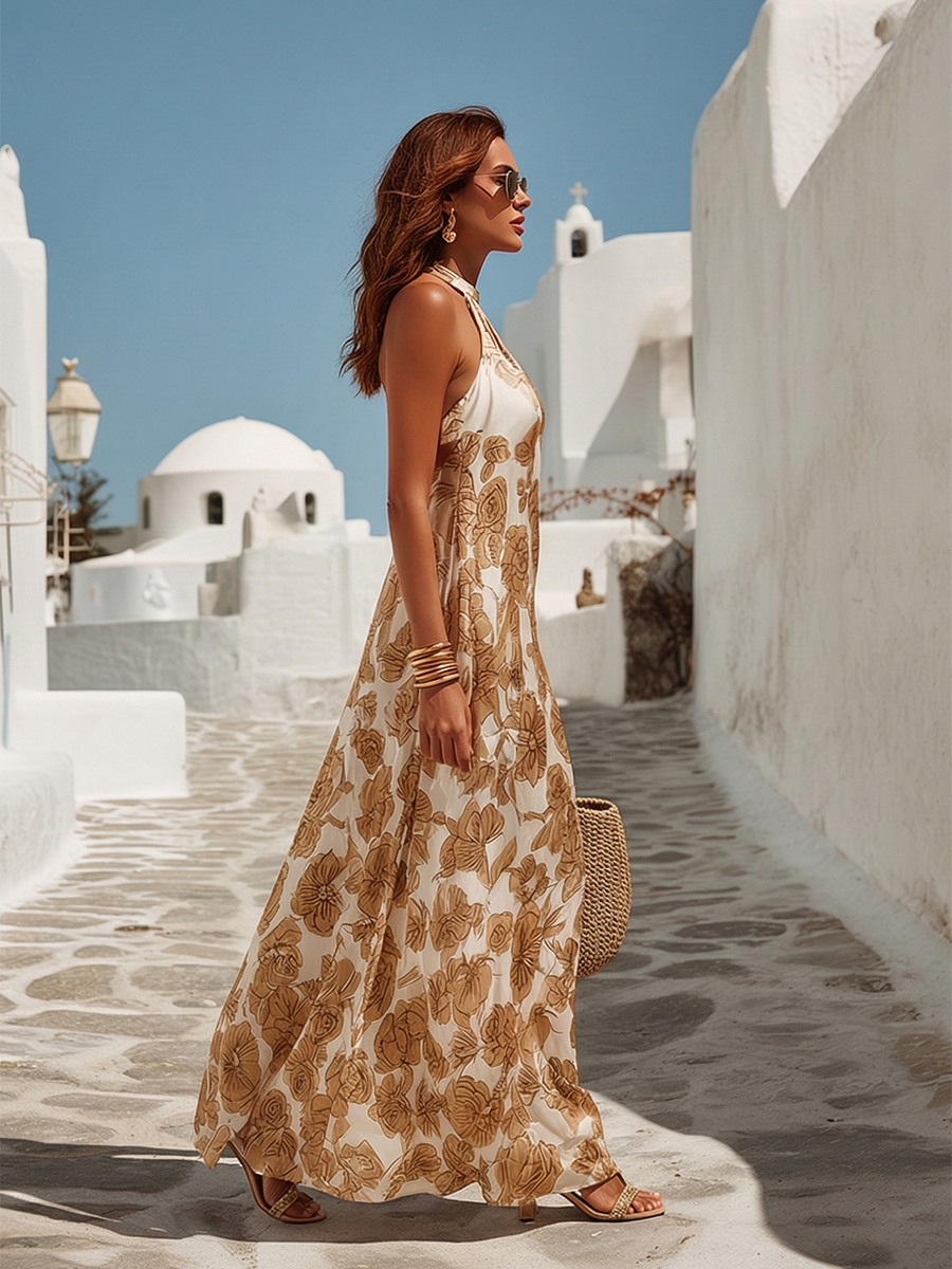 Elegantes Floral Maxikleid für Ihren Urlaub für Damen mit Neckholder-Ausschnitt