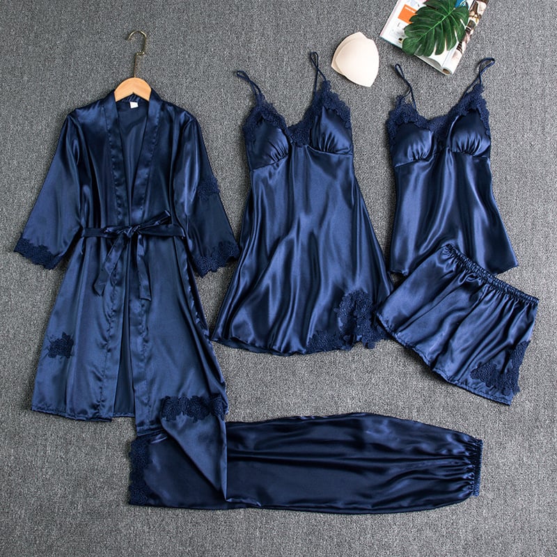 Elegantes Damen-Nachtkleid-Set aus Eis- | 5 Teile mit langen Ärmeln