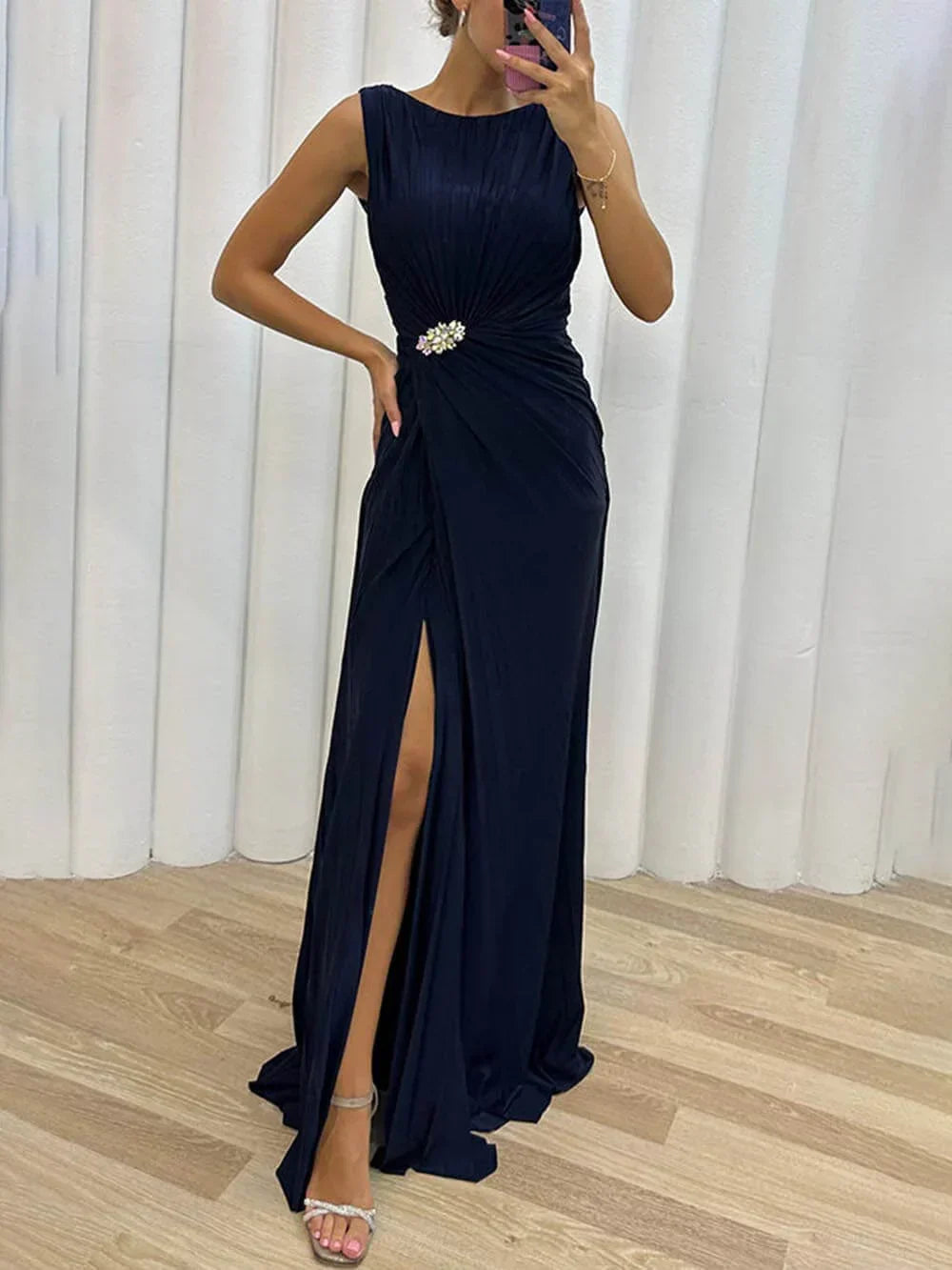 Serena | Falten Maxi Abendkleid für Damen mit Rundhalsausschnitt