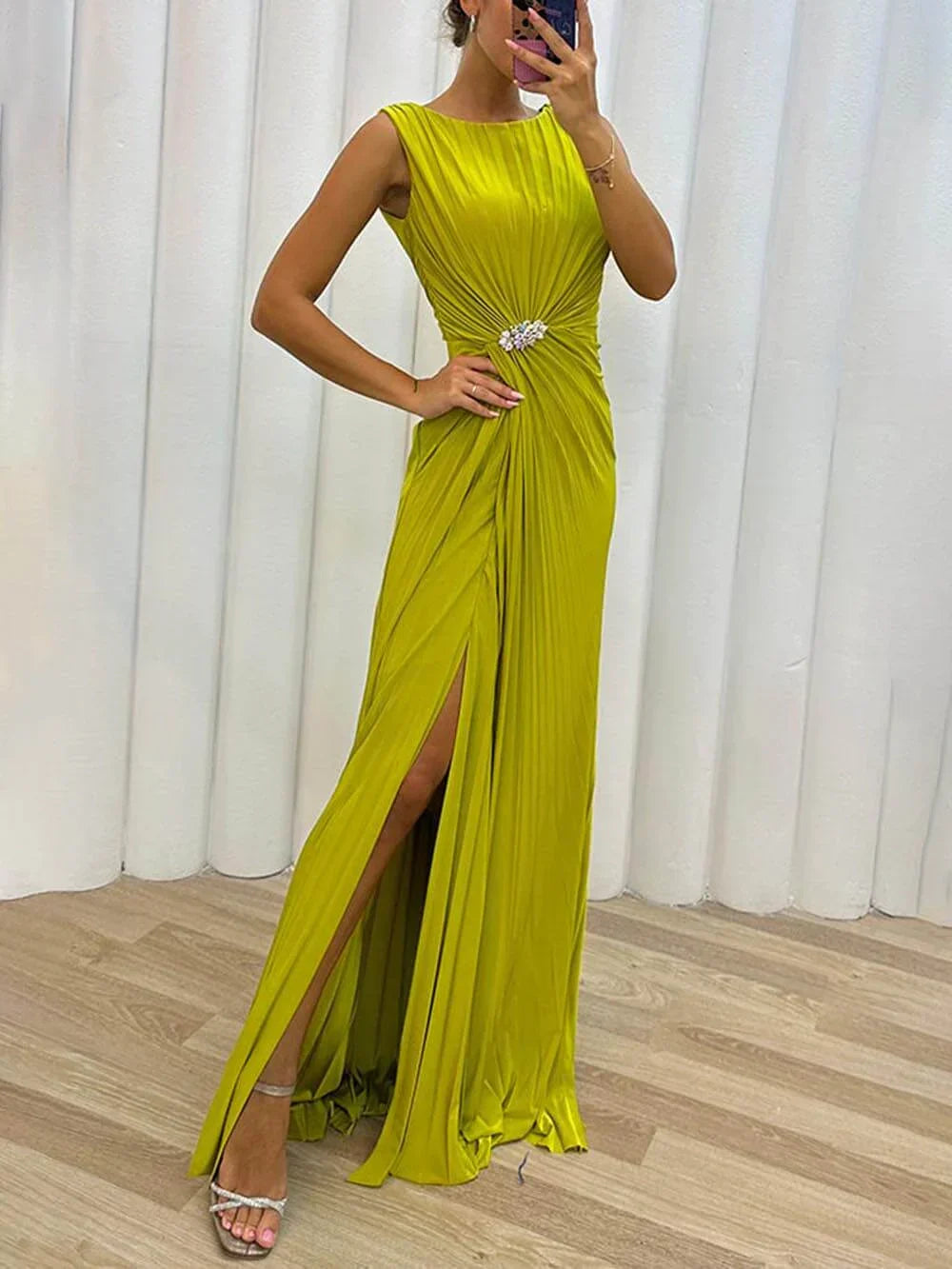 Serena | Falten Maxi Abendkleid für Damen mit Rundhalsausschnitt