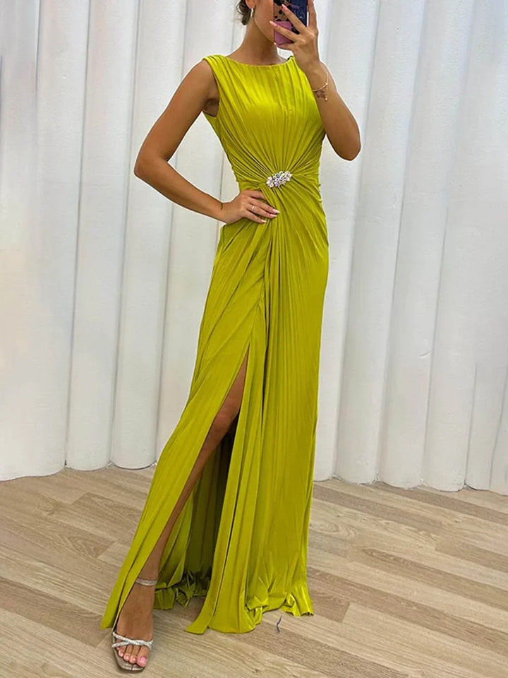 Serena | Falten Maxi Abendkleid für Damen mit Rundhalsausschnitt