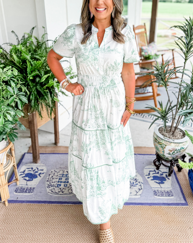 Eliza | Klassisches Toile Maxi Kleid für Damen mit V-Ausschnitt und kurzen Ärmeln