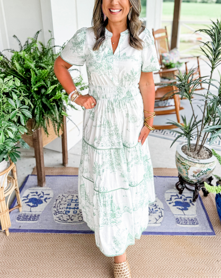 Eliza | Klassisches Toile Maxi Kleid für Damen mit V-Ausschnitt und kurzen Ärmeln