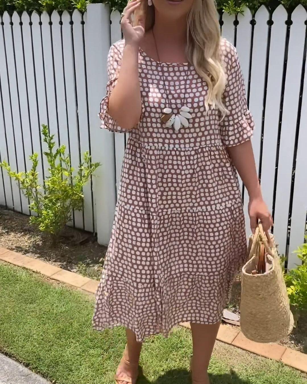 Nicola | Midi-Kleid für Damen mit kurzen Ärmeln, Punkten und Rundhalsausschnitt