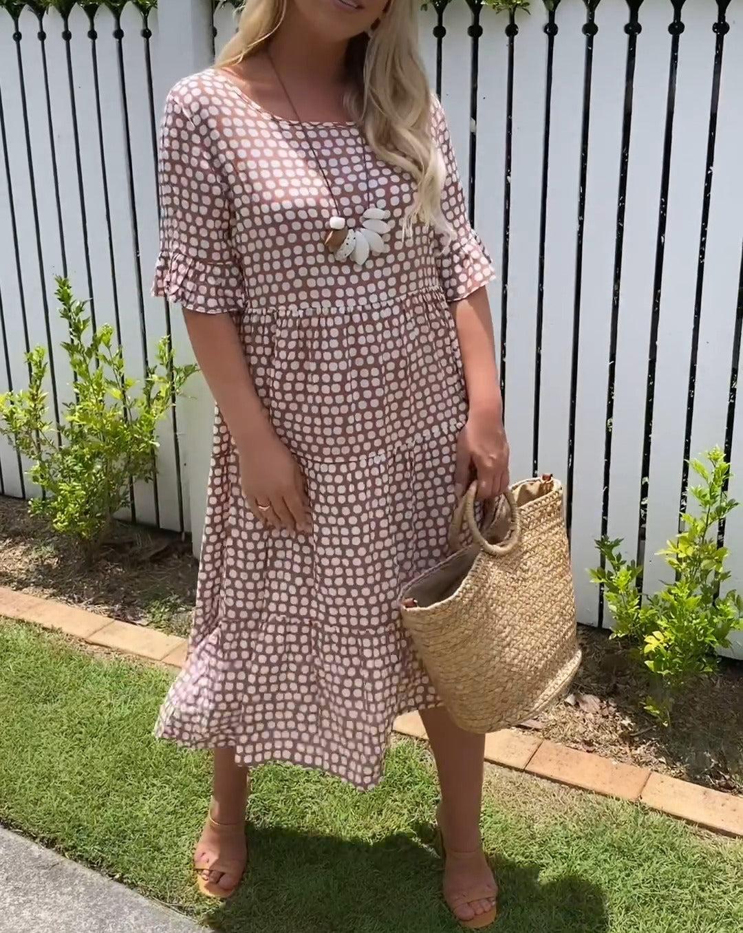 Michelle | Kurzarm-Midi-Kleid mit Punkten und Rundhalsausschnitt