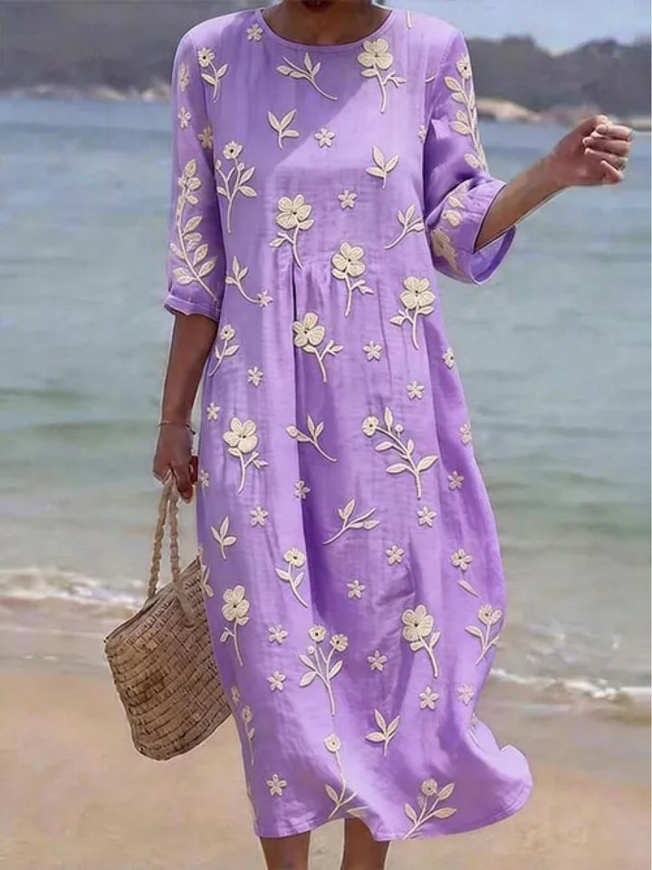 Ella | Besticktes Halbarm Midikleid für Damen mit Blumenmuster