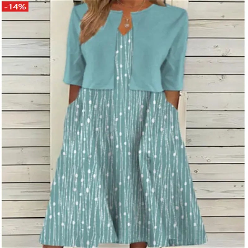 Elise | Blumen Zweiteiliges Midi-Kleid für Damen mit Rundhalsausschnitt
