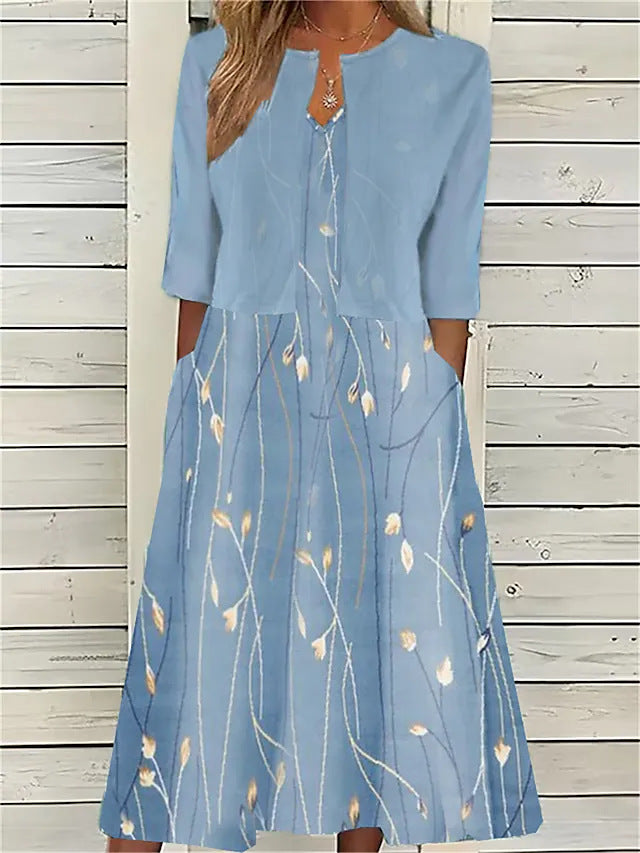 Elise | Blumen Zweiteiliges Midi-Kleid für Damen mit Rundhalsausschnitt