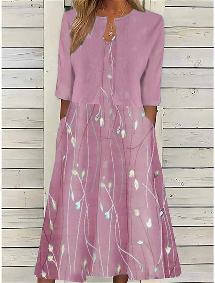 Elise | Blumen Zweiteiliges Midi-Kleid für Damen mit Rundhalsausschnitt
