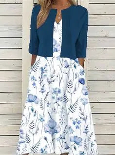 Elise | Blumen Zweiteiliges Midi-Kleid für Damen mit Rundhalsausschnitt