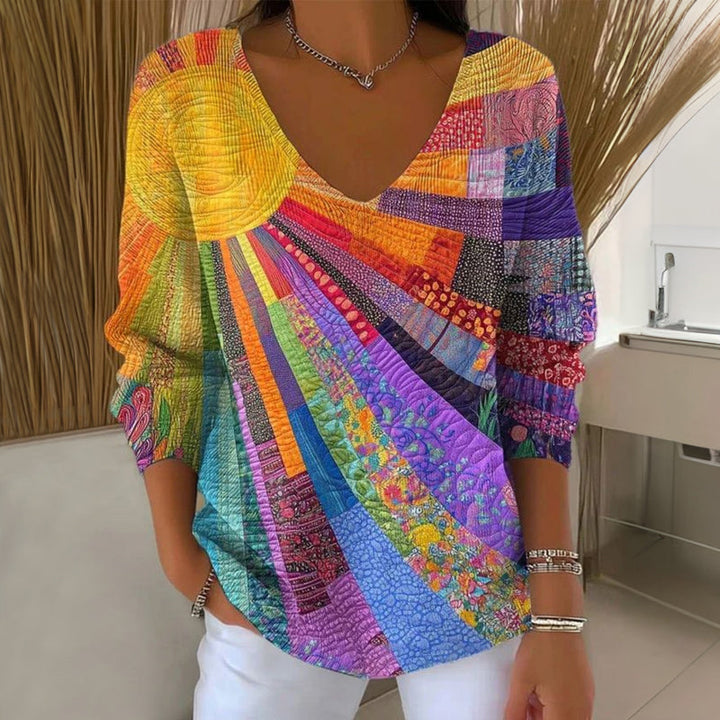 Retro Buntes Patchwork T-Shirt für Damen mit V-Ausschnitt und langen Ärmeln