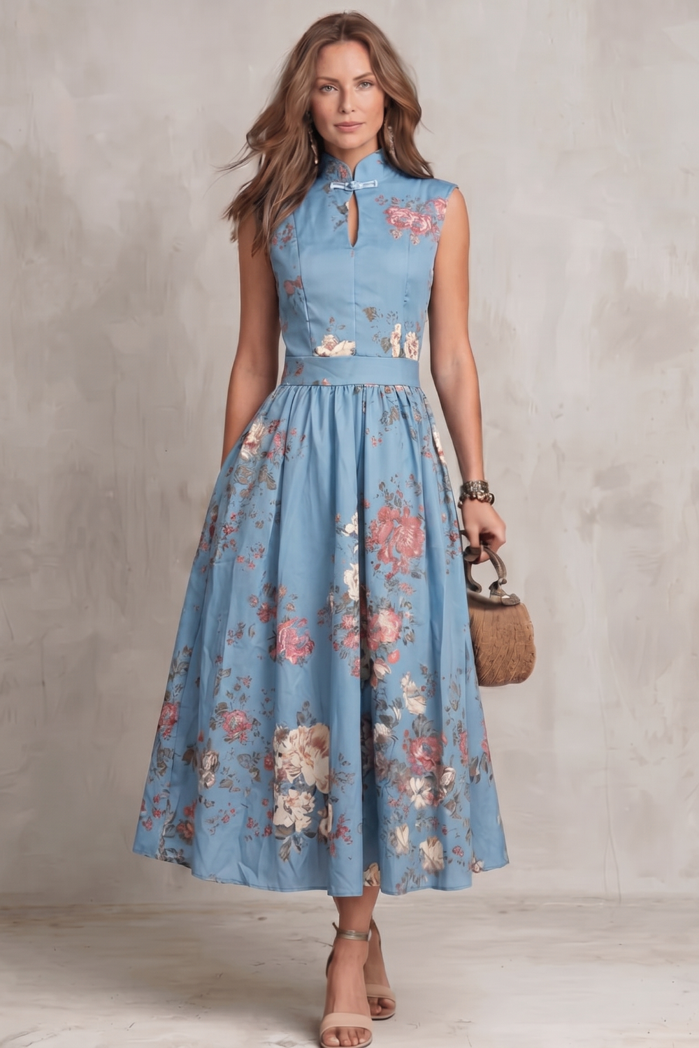 Elena | Damen ärmelloses Midikleid mit Blumenmuster