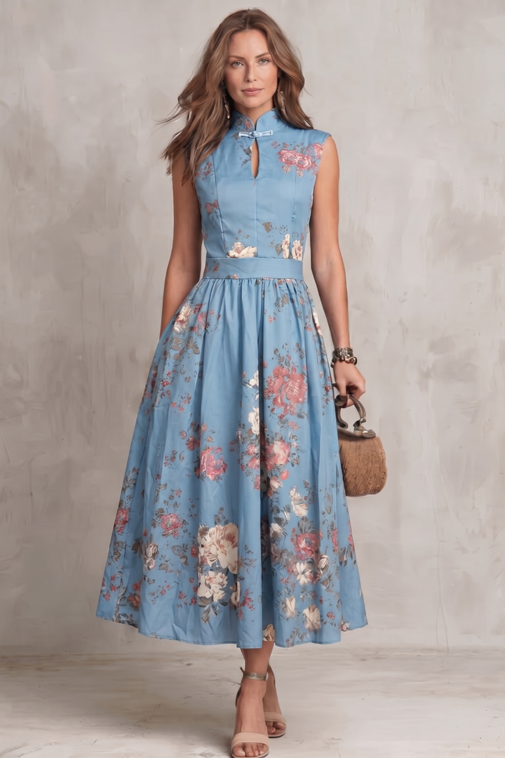Elena | Damen ärmelloses Midikleid mit Blumenmuster