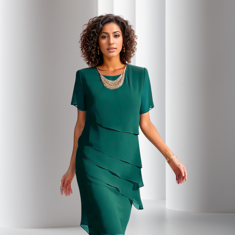 Elara | Geschichtetes Midikleid für Damen mit Rundhalsausschnitt und kurzen Ärmeln