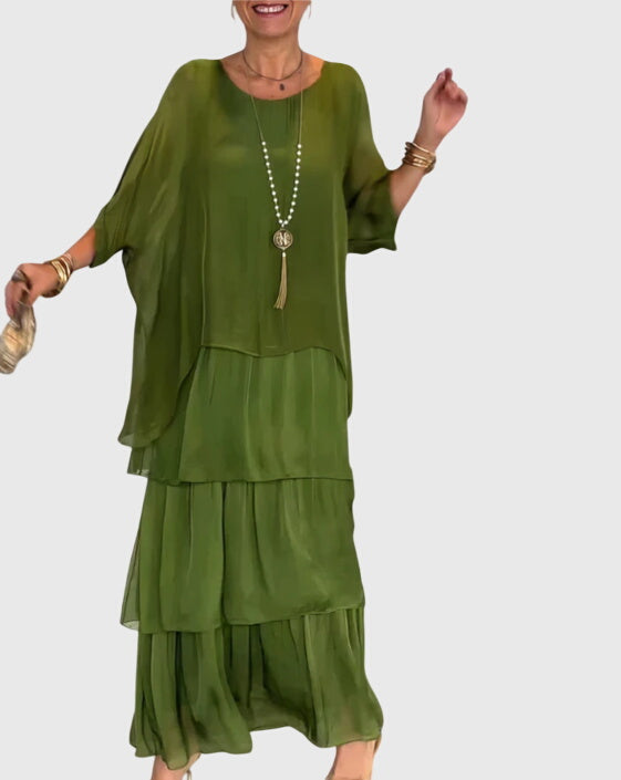 Susan | Schickes Maxikleid für Damen mit Rundhalsausschnitt und 3/4-Ärmeln