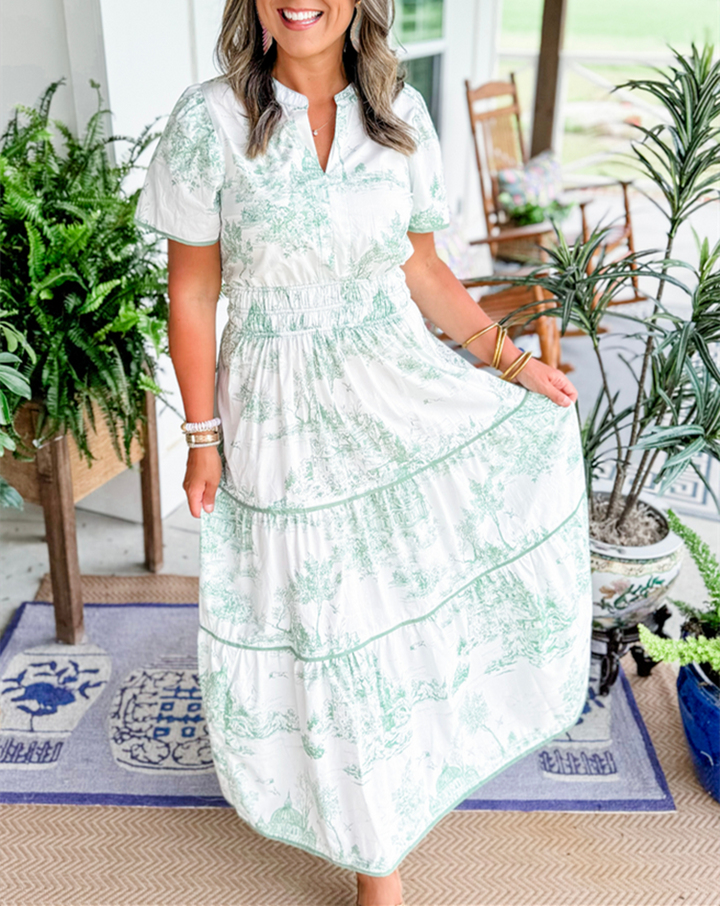 Eliza | Klassisches Toile Maxi Kleid für Damen mit V-Ausschnitt und kurzen Ärmeln